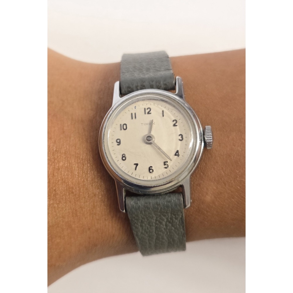 Vintage Women's Domed Face Timex Manual Wind Watch Grey Strap